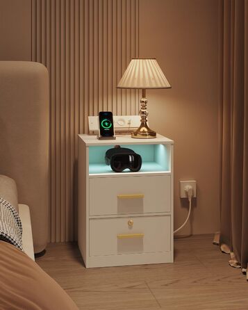 Комплект приліжкових тумб Hzuaneri з LED-підсвіткою, USB і Type-C портами, замком, 2 ящиками та відкритою полицею, білий для спальні та вітальні