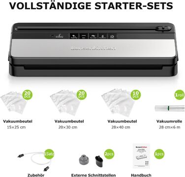 Вакууматор для продуктів Bonsenkitchen для сухих та вологих продуктів з вбудованим різачем, чорний (комплект з рулоном та пакетами)