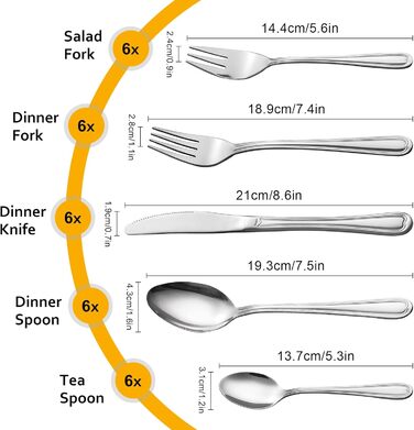 Набір столових приборів Velaze на 12 осіб (60 предметів) з нержавіючої сталі. Включає: 12 ножів, виделок, ложок, чайних ложок, виделок для тортів. Полірування, придатний для миття в посудомийній машині.