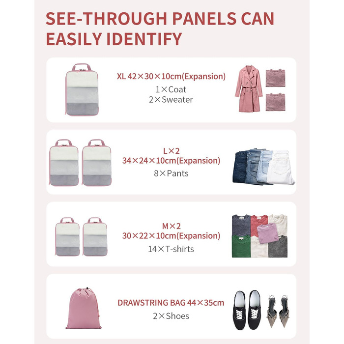 Набір компресійних органайзерів для валізи та рюкзака ECOHUB, 6 шт, легкі пакувальні куби з сітки для подорожей та ручної поклажі, рожеві