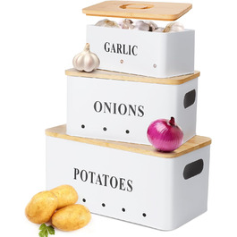 Набір контейнерів для картоплі, цибулі та часнику [3 шт] з бамбуковими кришками | Коробки для зберігання овочів з вентиляцією | Чорний