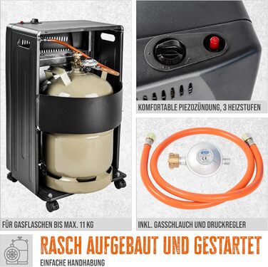 Газовий обігрівач Güde GGH 4200 K (4200 Вт, 3 режими, Piezo-запалювання, мобільний, 50 мбар, керамічні нагрівальні елементи, термозахист, 4 колеса, шланг та регулятор в комплекті)