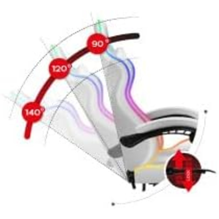 Ігрове крісло Huzaro Force 4.7, до 140 кг, нахил, підлокітники, подушка для шиї/попереку, підставка для ніг, RGB, білий