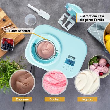 Електрична морозиво-машина TZS First Austria 1L з компресором 3-в-1 - для морозива, сорбету та замороженого йогурту, з мірним стаканчиком та лопаткою, колір м'ятний