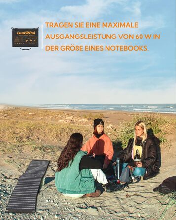 Складна сонячна панель Lumopal із сонячним зарядним пристроєм типу C потужністю 60 Вт USB-A 3.0 (макс. 22 Вт), складна сонячна панель IP65 Зовнішня сонячна панель для iPhone, мобільного телефону Android, планшетів, портативної електростанції, кемпінгу