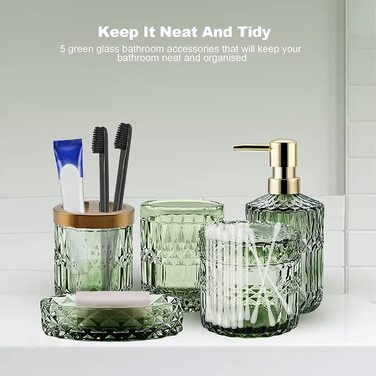 Набір для ванної кімнати Dechoga 5, дозатор мила, набір зубних щіток, зелене скло, елегантне оздоблення ванної кімнати