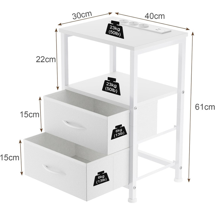 Нічний столик з LED-підсвіткою та функцією зарядки, з шухлядою, 3 розетки AC та USB, для вітальні/спальні (40T x 30B x 60H cm, Білий)
