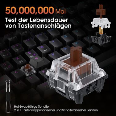 Механічна клавіатура KOORUI для геймінгу: бездротова/провідна/Bluetooth, 82 клавіші, QWERTZ (німецька розкладка), 4000mAh, коричневий перемикач