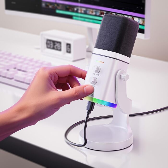 Мікрофон Facmogu для подкастів та стрімінгу, USB/XLR, з RGB-підсвічуванням та регулюванням гучності, білий