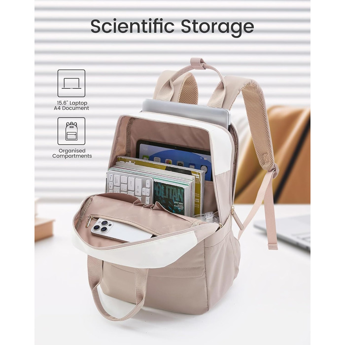 Сумка-рюкзак LOVEVOOK для жінок, 15.6 дюймів, для ноутбука, шкільна сумка для підлітків, дівчаток, елегантний туристичний рюкзак, сумка для роботи, повсякденна сумка, водонепроникна, для подорожей, навчання, роботи (15.6 дюймів, Бежево-рожевий)