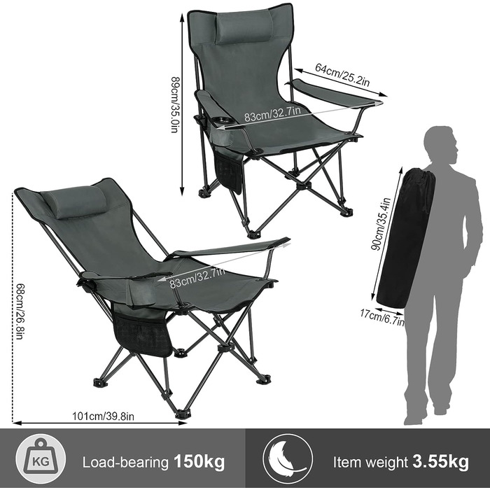 Набір з 2 шт. , складаний стілець Рибальське крісло складне для активного відпочинку, кемпінгу, з навантаженням до 150 кг з підлокітниками та підстаканником Grey CPS8147gr-2