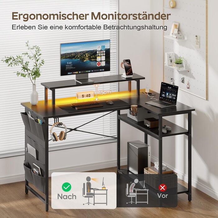 Кутовий стіл HLONONE з LED-підсвіткою та розетками, 110 x 80 см, з полицею, для комп'ютера, геймінгу, офісу, дому, білого (чорного) кольору