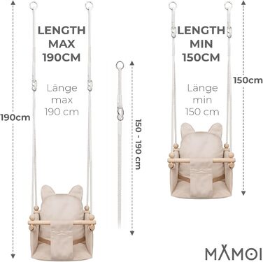 Дитяча гойдалка-колиска MAMOI з ременем безпеки, регульована висота 150-190 см, бежева. Гойдалка для дому, міцна конструкція, велюрове сидіння, легкий монтаж.