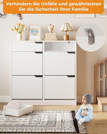 Шкаф для взуття IRONCK з 4 дверцятами, вузький, з 2 висувними ящиками, окремо розташований, з регульованими перегородками, для передпокою, входу та вітальні (Білий) 100*23.5*98 см, Білий