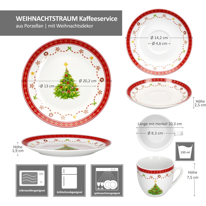 MamboCat Кавовий сервіс на 6 осіб (18 предметів) з різдвяним декором | 6 чашок 190 мл, 6 підставок, 6 тарілок | Фарфор, для святкування Різдва та Миколая