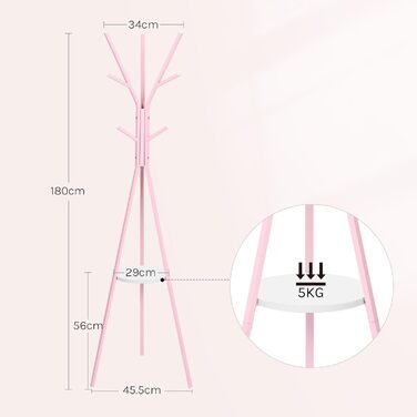 Вільна стійка для одягу WOLTU у формі дерева з полицею та 9 гачками, для одягу, шапок, сумок, біла, металева (рожева)