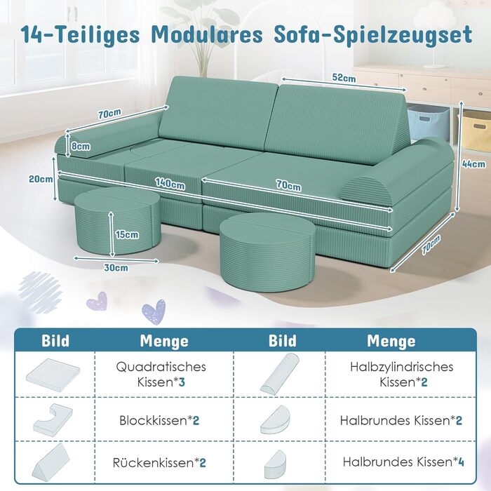 Дитяче ігрове диван-конструктор MAMIZO Cord, 15 частин, екологічний, зелений колір