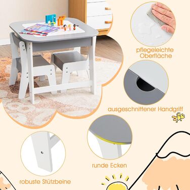 Дитячий стіл DREAMADE з 2 стільцями: комплект меблів для дитячої кімнати з двосторонньою стільницею та місцем для зберігання, 3-ох частинний набір для дітей від 3 років, підходить для дитячих кімнат та садочків (натуральний+білий) (сірий+білий)