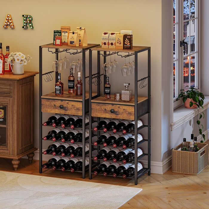 Стильна полиця для вина HOOBRO на 16 пляшок з 6 ярусами, з шухлядою, органайзер для вин, дерев'яний винний стенд, 40 x 30 x 102 см, вінтажний колір