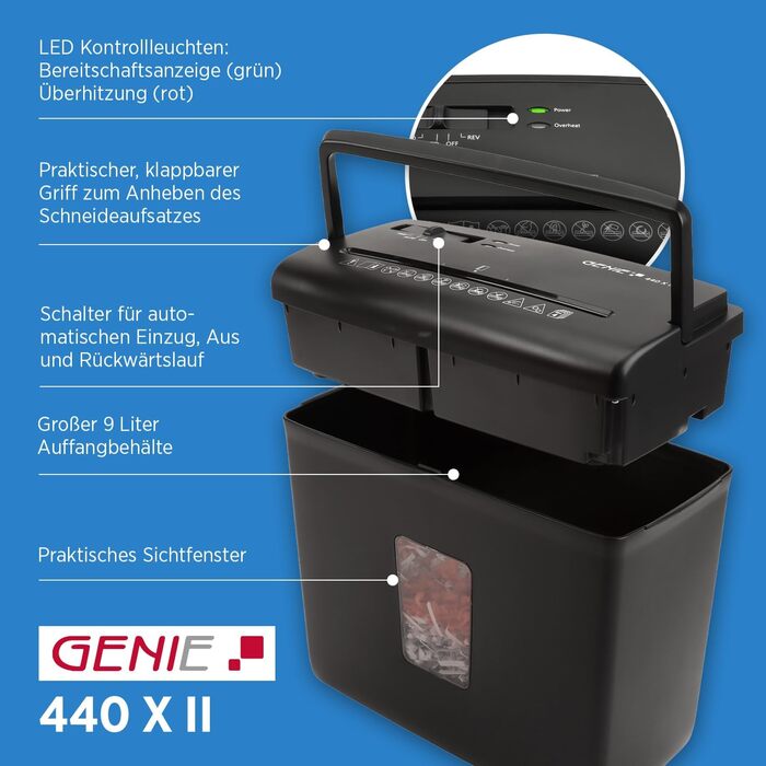 Шредер Genie 440 X II: безпечне знищення документів P4, автоматичний старт/стоп, об'єм кошика 9L, чорний | Для дому та офісу