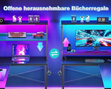 Ігровий стіл Coleshome L-подібної форми з LED підсвічуванням та розетками, 135 × 100 см. Реверсивний стіл з полицями для зберігання, ігровий кутовий стіл з сумкою для дому та геймінгу, чорний (135x100 см)