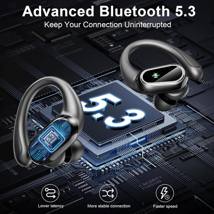 Спортивні навушники-вкладиші Bluetooth 5.3, 50 год HiFi, шумозаглушення, водонепроникність IP7, світлодіод (чорний)