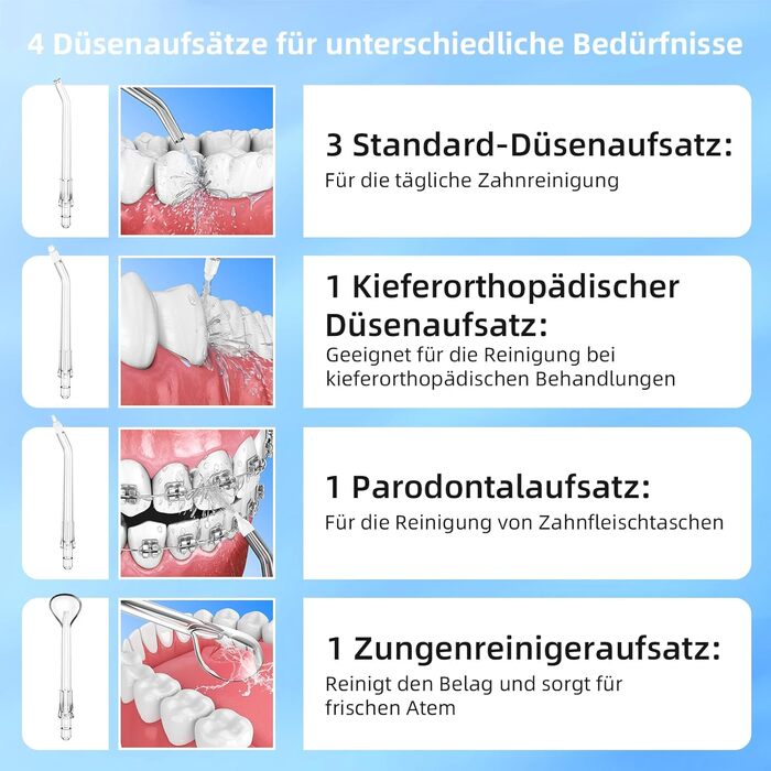 Електрична ірigator для порожнини рота Munddusche з 5 режимами, 300 мл, 6 насадок, рожевий