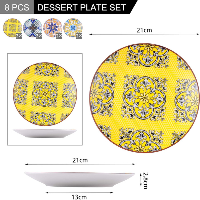 Порцелянова десертна тарілка, 12шт кольорова тарілка для торта, Ø 21,5 см плоска тарілка для сніданку (жасмин, десертна тарілка 8 шт.)