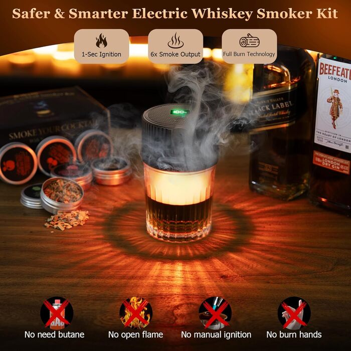 Електричний набір для копчення коктейлів з 4 режимами підсвічування, перезаряджуваний набір для диму з віскі, 6 дерев'яних стружок, без бутану, подарунок на Різдво/День народження для чоловіків, батьків, чоловіків FY01