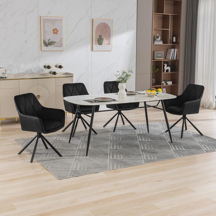 Обідні стільці Lestarain, поворотні, для кухні, спальні, вітальні, комплект з 4 шт. М'які, з підлокітниками та спинкою, на металевих ніжках, оксамит, чорний колір