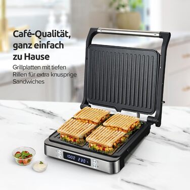 Olvy Sandwichmaker XXL: Цифровий контактний гриль 3-в-1 з антипригарним покриттям, регульована температура, таймер, велика поверхня приготування, Cool-Touch ручка, покриття без PFAS