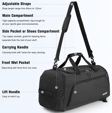 Спортивна сумка G4Free 60 л, відділення для взуття, відділення для вологи, темно-сірий/чорний