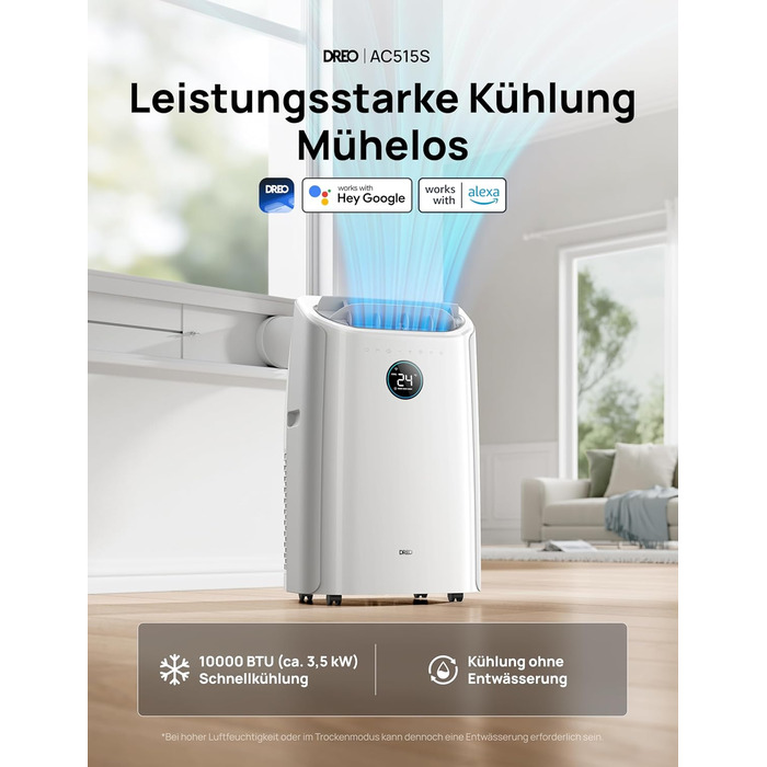 Мобільний кондиціонер Dreo 10000 BTU з охолодженням без дренажу, керуванням через додаток/голос/пульт, таймером 24 години та функцією вентилятора/зневожувача, AC515S