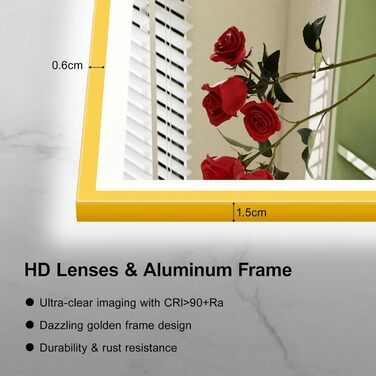 Круглий LED дзеркало для ванної кімнати Furduzz з підсвічуванням, 700 мм, настінний, сенсорний вимикач, регулювання яскравості, 3 кольори, проти запотівання, інтелектуальна пам'ять (модель 2, золота рамка, 70 x 50 см)