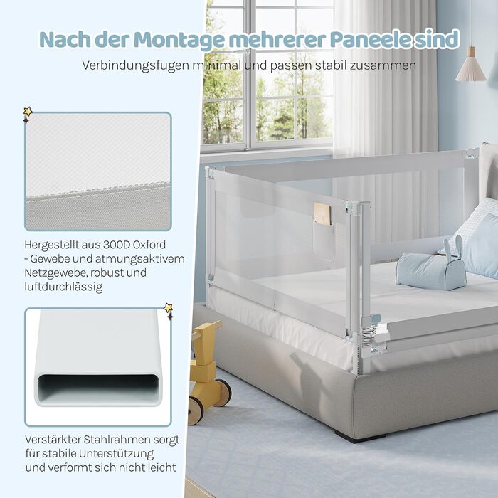 Бортик для ліжка WOLTU 150 см, захисний бортик для дітей та немовлят, регульована висота 69-87 см, тканина Оксфорд, металевий каркас, світло-сірий