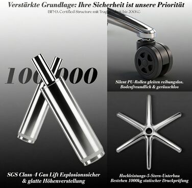 Офісний стілець Efomao XXL до 200 кг з підставкою для ніг, екошкіра, висока спинка, регульовані підлокітники, підтримка попереку, сірий