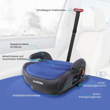 Дитяче сидіння-бустер Jovikids дитяче ISOFIX, бустер ECE R129 група 2/3 (приблизно 15-36 кг), потовщений тканинний чохол і адаптер Isofix, легко миється (синій)