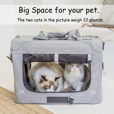 Переноска для кішок/собак Petseek XL М'яка складна 24'x16.5'x16 Дорожня вентильована портативна (сіра) 60x42x42 см