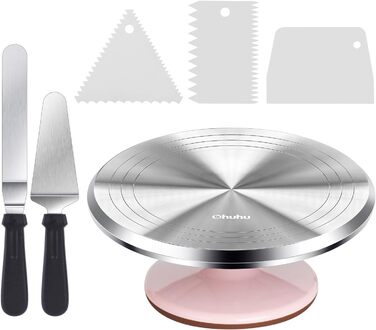 Ohuhu Поворотна платформа для тортів, 30 см, алюмінієвий сплав, 2 шпателі та 3 скребки, для декорування тортів та випічки, подарунок для кондитерів (Рожевий)
