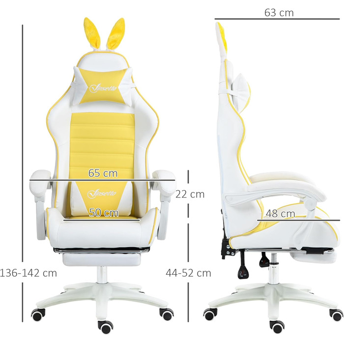 Крісло геймерське Vinsetto Reclining Racing з підголівником та підтримкою попереку, PU шкіра, комп'ютерне, з підніжкою та регульованими вушками, жовте