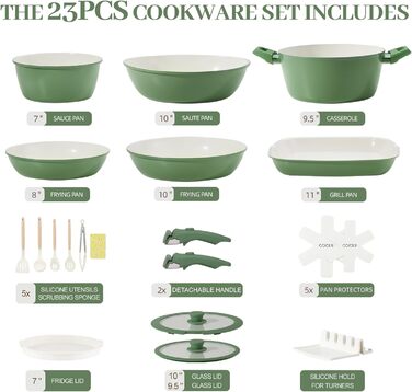 Набір каструль та сковорідок 23 частини з антипригарним покриттям, знімні ручки, для всіх типів плит, сумісний з духовкою, без PFAS, PTFE, PFOA, кремово-білий