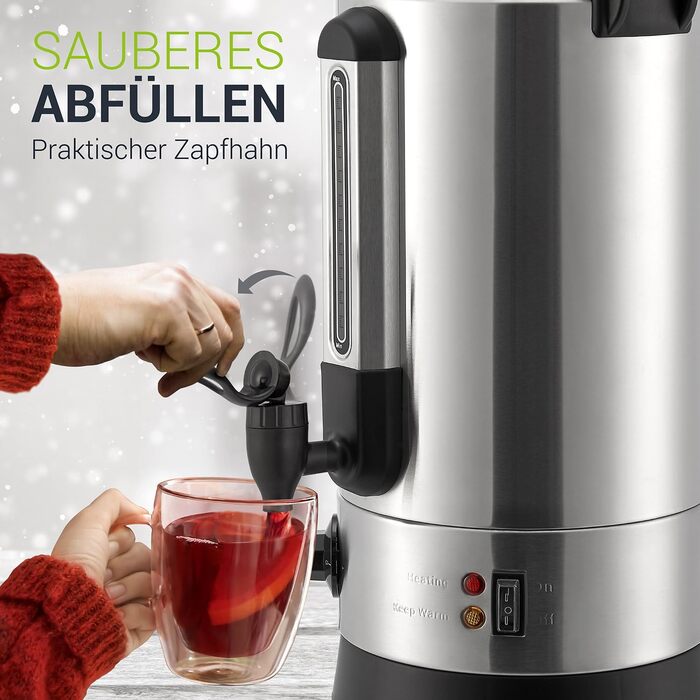 Електричний диспенсер для глінтвейну Juskys Teramo 1500W з краном, термостатом та захистом від перегріву, 30-110°C, нержавіюча сталь, 10 літрів