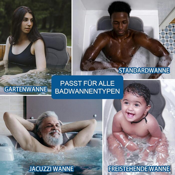 Подушка для ванни Luxus Dicke: повний корпус, підтримка голови, шиї та плечей. Комфорт, розслаблення, аксесуари для спа. Сірий колір