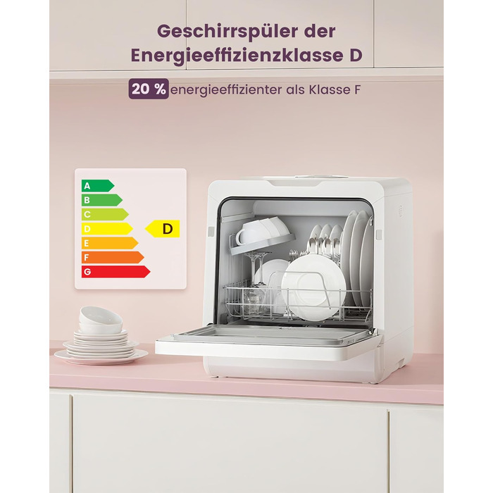 Посудомийна машина HAVA для столу з пом'якшувачем води та підвищеною енергоефективністю, 8 програм миття, блокування від дітей та відкладений старт, не потребує встановлення - ніжний лавандовий колір, TDJR09