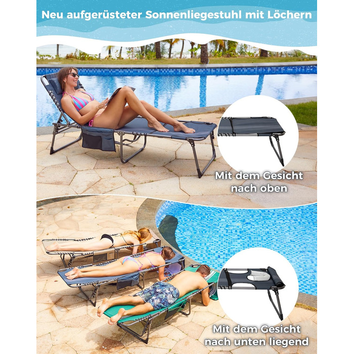 Лежак для відпочинку KingCamp великого розміру, складаний, 5 положень, для саду, кемпінгу, пляжу, 200 x 68 см, сірий, з подушкою та кишенею, до 200 кг