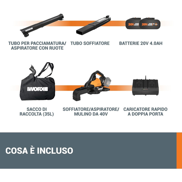 WORX WG505E Trivac: Електричний повітродув та пилосос для листя 3000 Вт – 3-в-1 (повітродув, пилосос, мульчер) – швидкість повітря 335 км/год, об'єм всмоктування 600 м³/год – з мішком 45 л