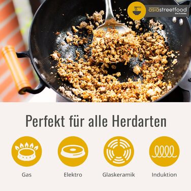 Азіатський вок Ø 33 см - міцний вуглецевий сталевий вок з плоским дном, дерев'яний ручка, підходить для газових, індукційних плит та керамічних поверхонь - не потребує обпалювання для приготування азіатських страв