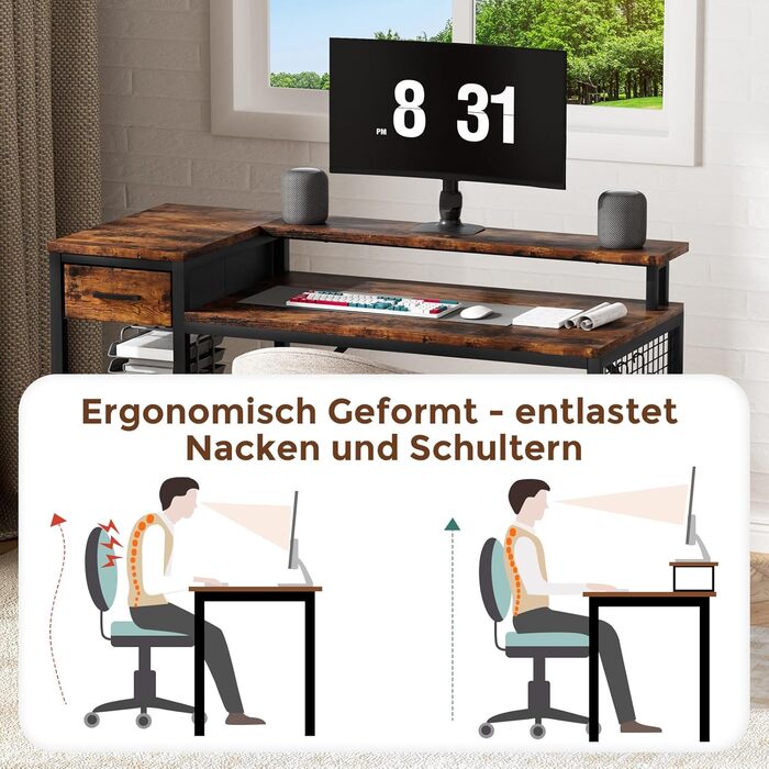 Ігровий стіл Oak & Tea 120x52 см з ящиками, регульованою полицею та тримачем для монітора – для навчання, ігор, роботи та дому. Колір: коричневий та чорний (вінтажний).