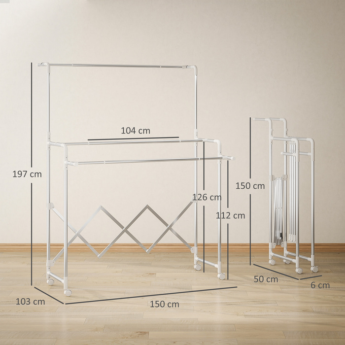 Сушарка для білизни HOMCOM, складана з 3 регульованими перекладинами, металева турбосушарка на коліщатках, турбосушарка для білизни для використання в приміщенні та на вулиці