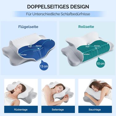 Подушка для шиї, подушка для голови з Memory Foam, ергономічна подушка для сну на боці, спині та животі, сіро-білий колір, 64 x 39 x 13 см